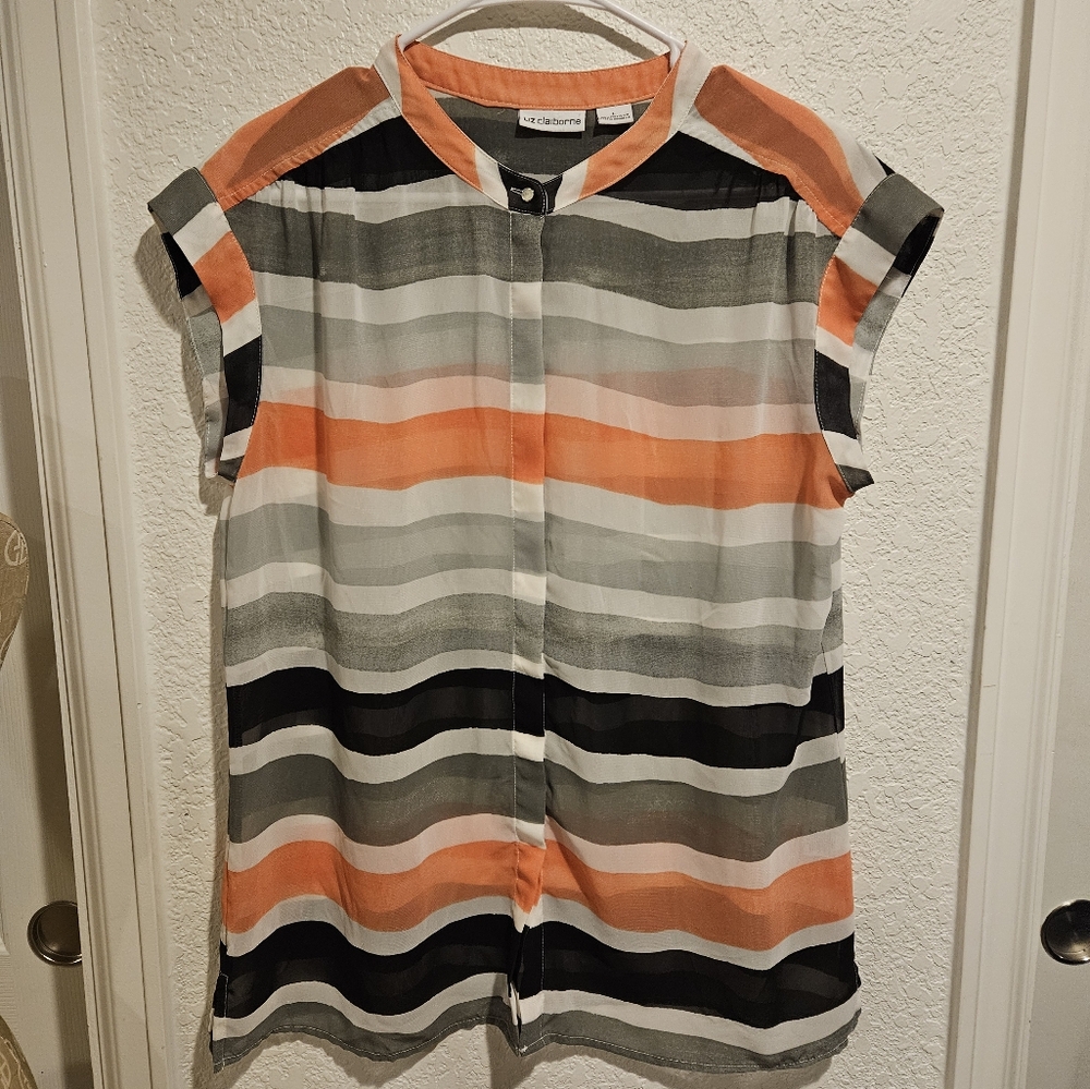 Liz Claiborne Women's Sheer Striped Blouse - Orange, Black, Gray Size Large